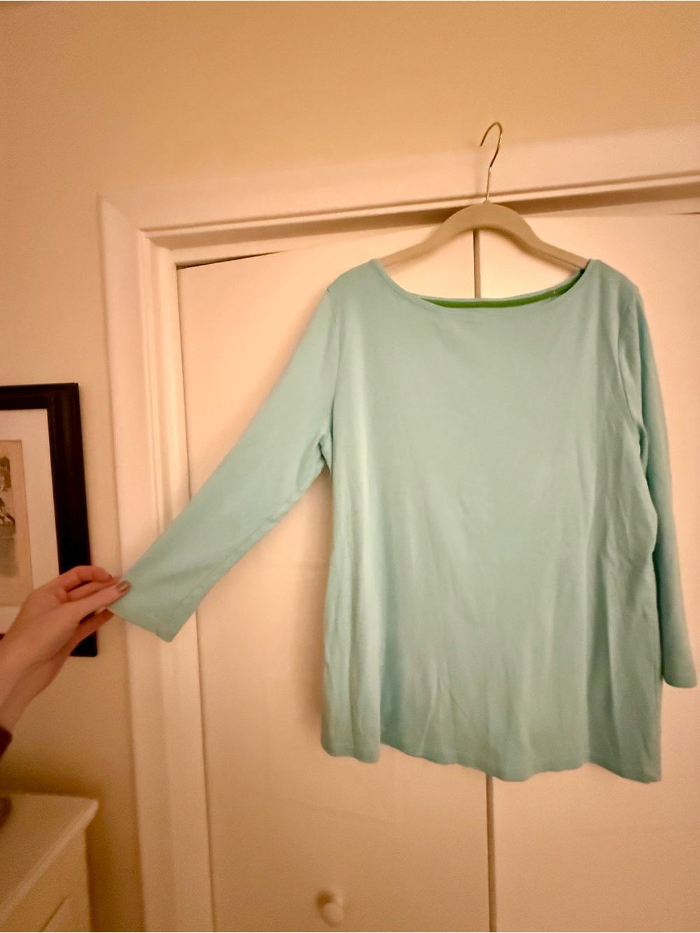 THE TALBOTS TEE SEA SALT BLUE SOLID BATEAU NECK TEE PIMA COTTON - Picture 5 of 6